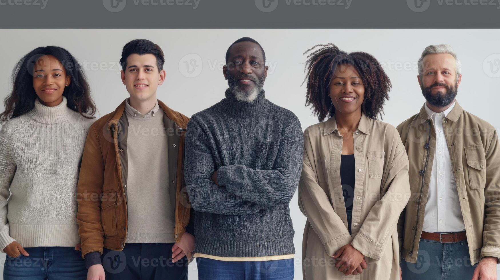 Diverse Group of Five Individuals Standing Together in Stylish Attire Against a Bright Background photo
