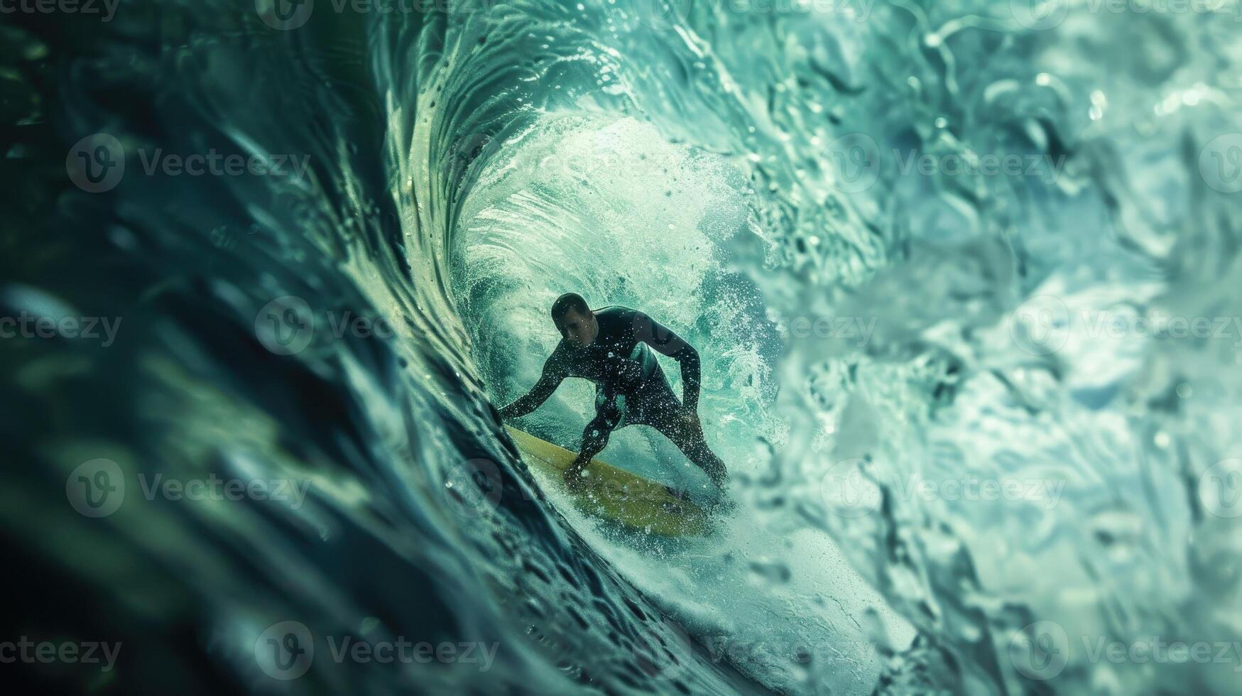 Surfer Riding the Perfect Wave Inside a Turbulent Ocean Barrel at Sunset on a Remote Beach photo