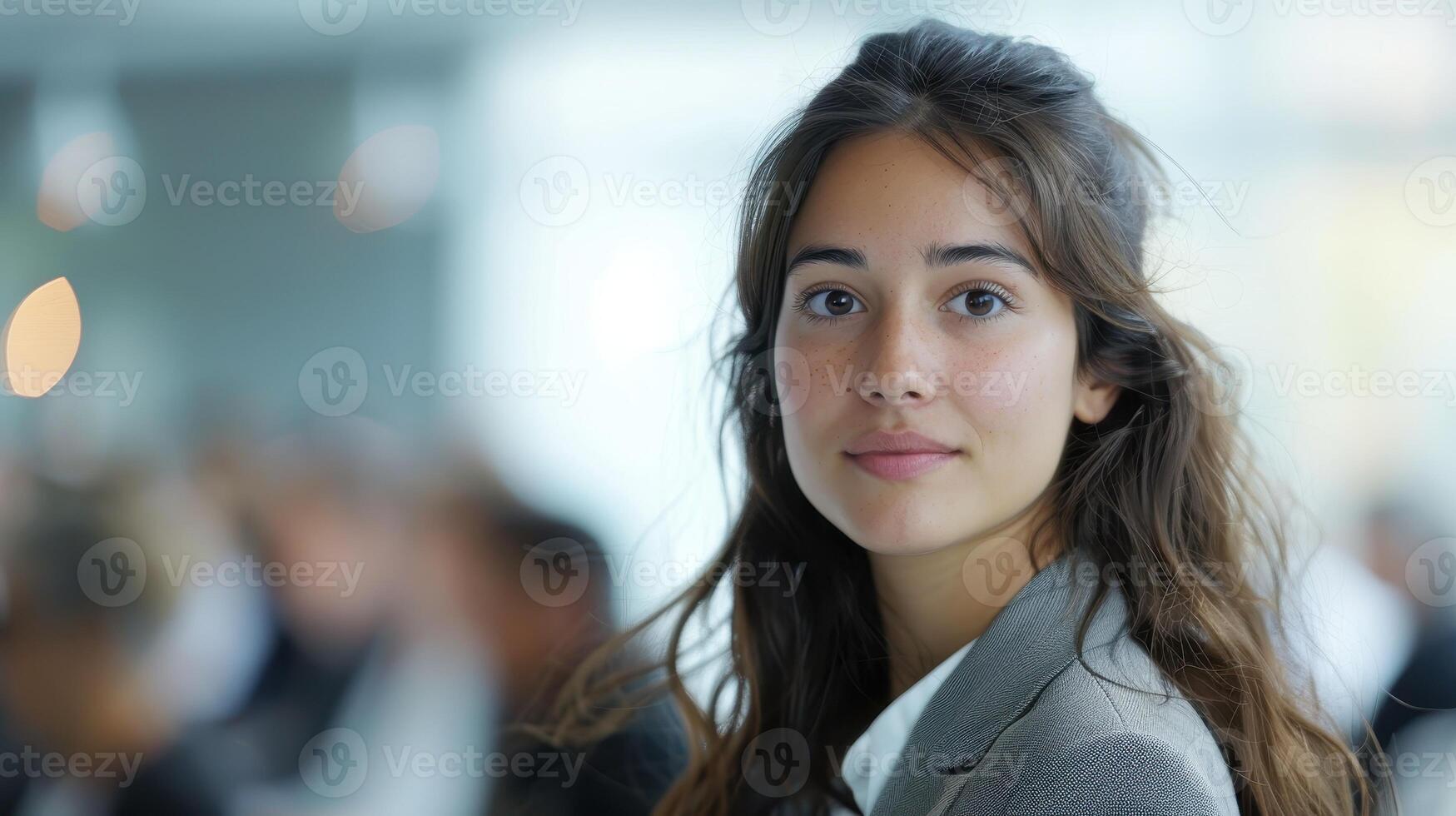 Young Professional Woman Engaged in Conversation at a Busy Networking Event in Modern Office Space photo