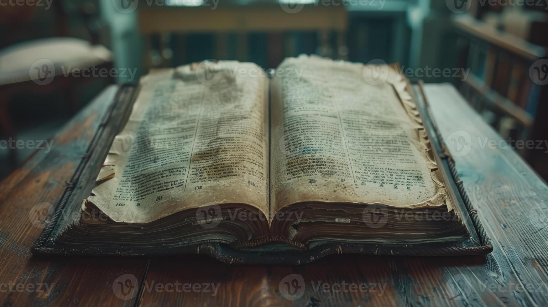 Ancient Open Book Resting on a Rustic Wooden Table in a Cozy Library Nook Bathed in Soft Warm Light photo
