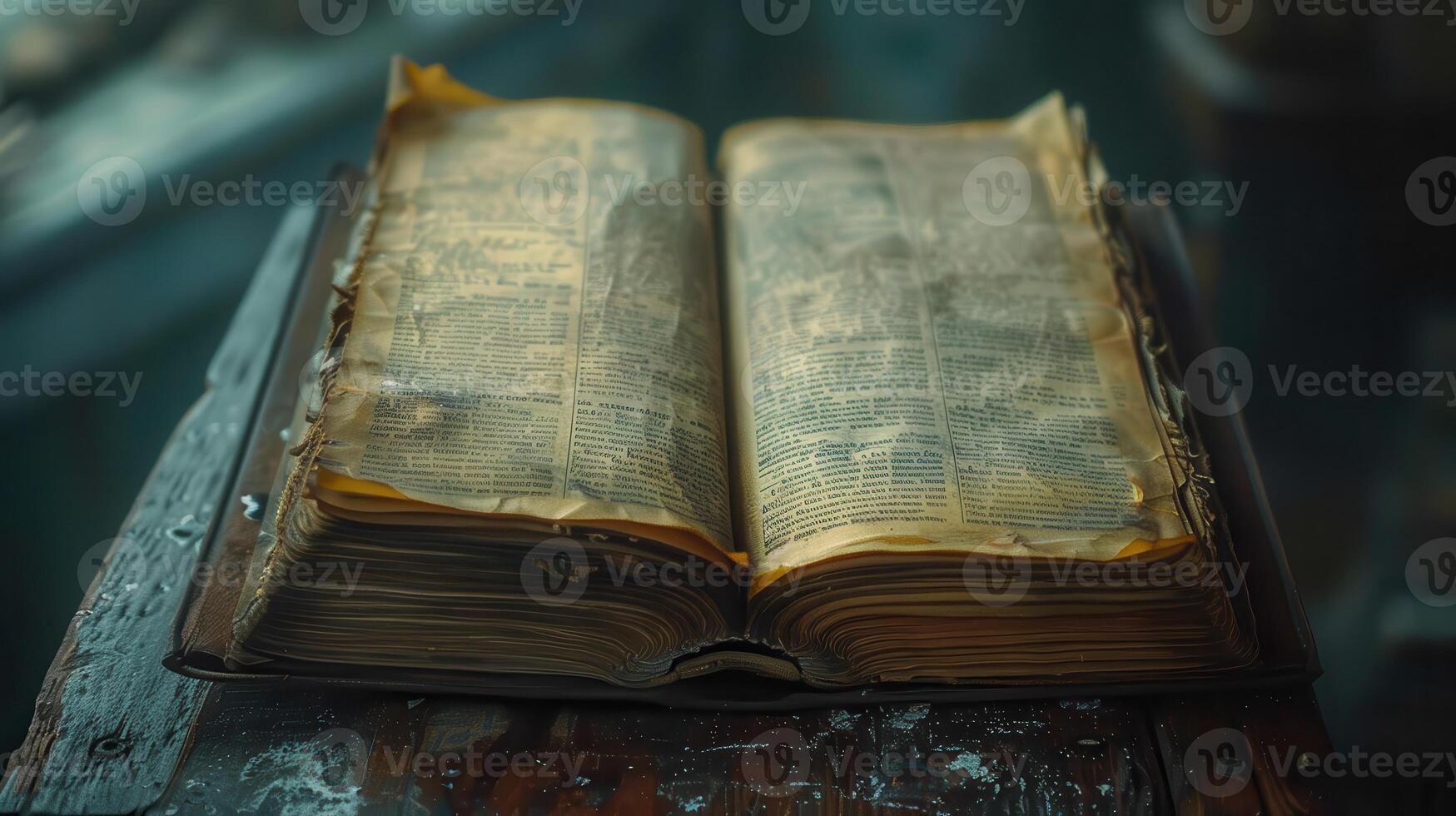 Ancient Tome With Aged Pages Open On A Rustic Wooden Table At Twilight photo