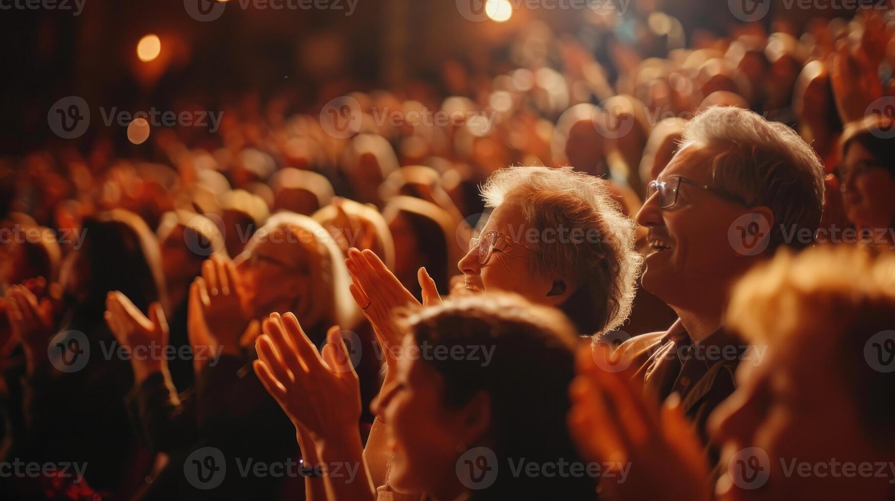Enthusiastic Audience Applauding Passionate Performance Under Dim Theatre Lights photo