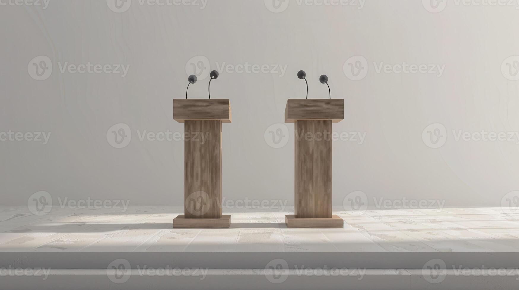 Two Elegant Wooden Podiums Awaiting a Dynamic Debate on a Bright Stage photo