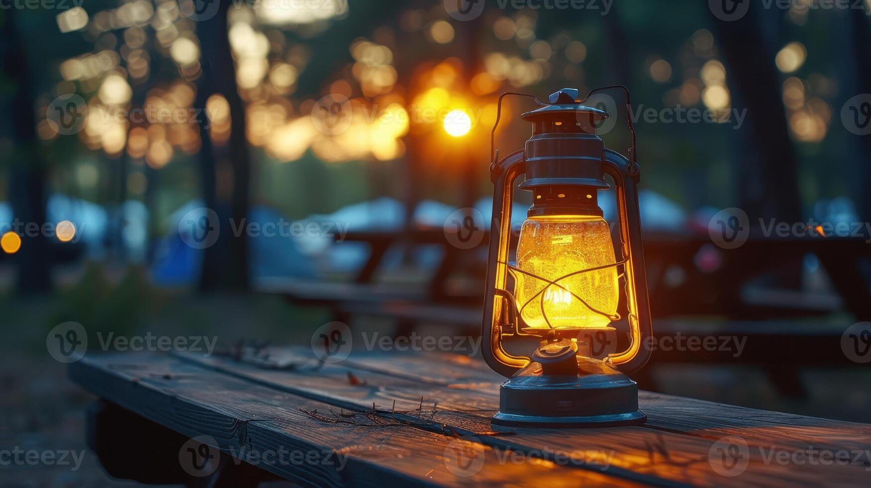 Golden Glow of a Lantern Lighting Up a Serene Campsite at Dusk Amidst Towering Trees photo
