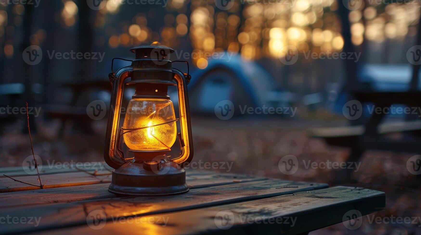 Golden Lantern Illuminates Rustic Campsite at Dusk Surrounded by Trees and Tents in Autumn photo