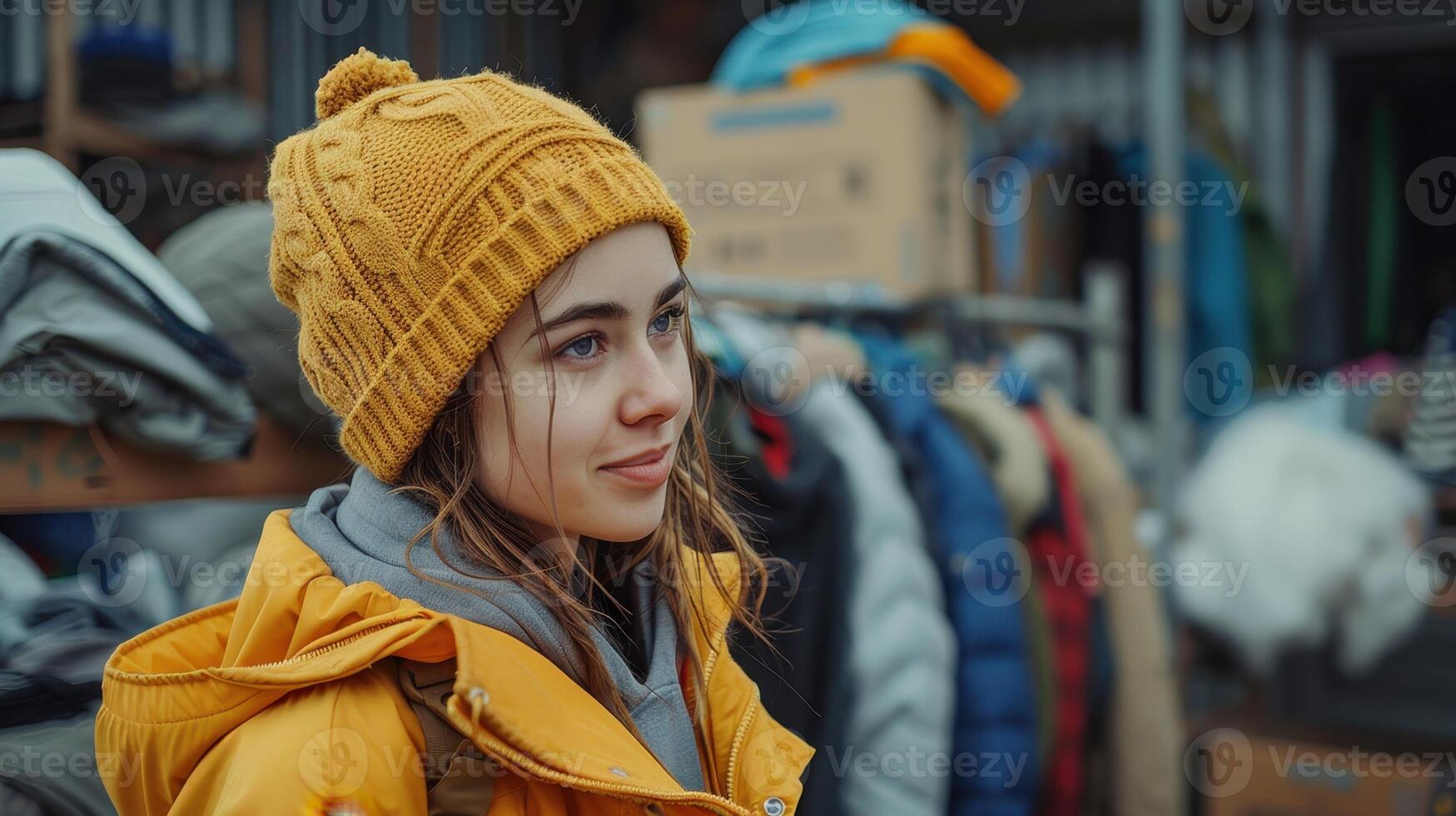 Young Woman in Bright Yellow Jacket and Beanie Smiles Amidst Colorful Winter Wear Stacks at Outdoor Market in Late Afternoon Light photo