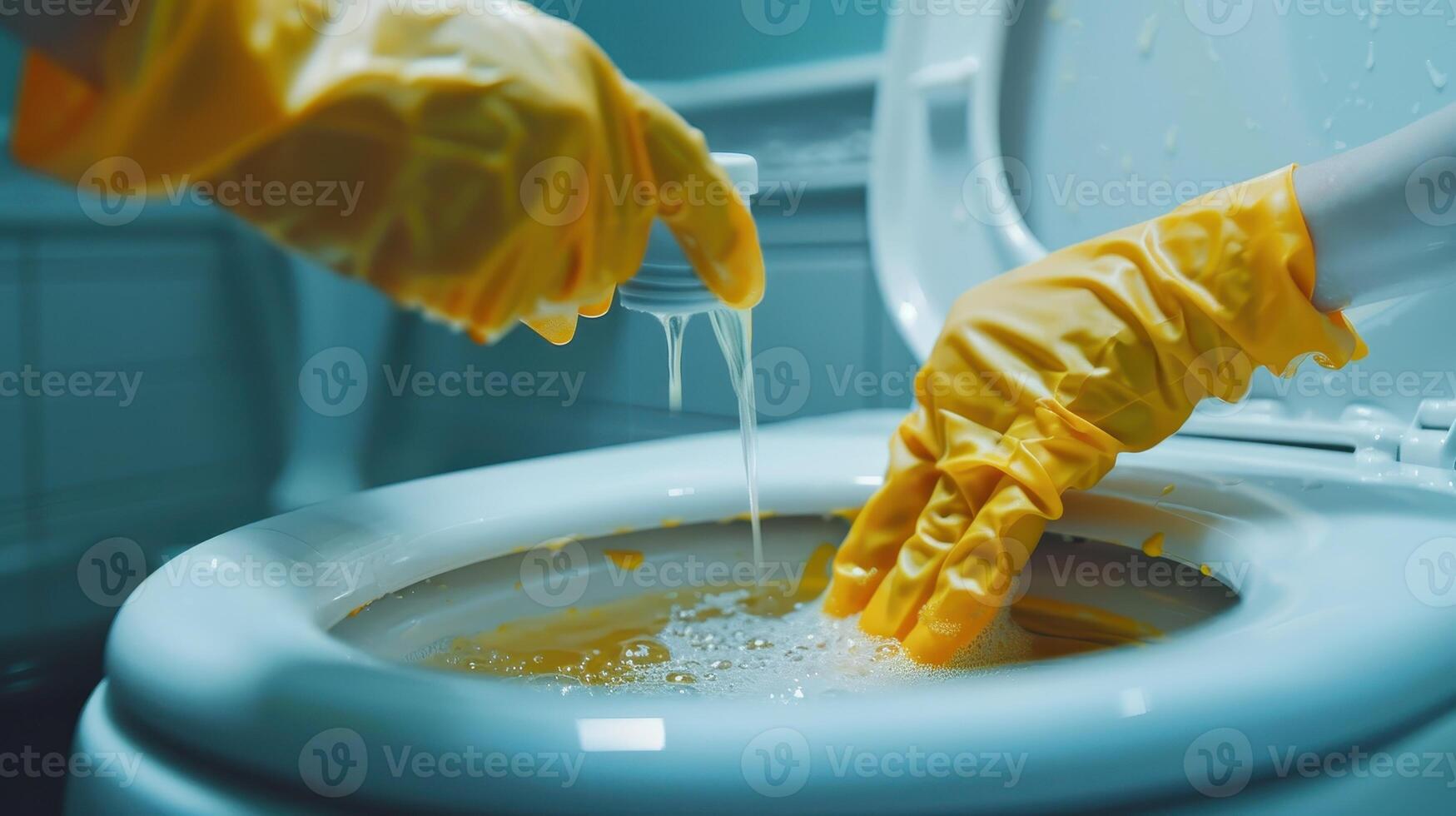 Hands Wearing Yellow Gloves Pouring Cleaner Into a Toilet in a Dimly Lit Bathroom photo