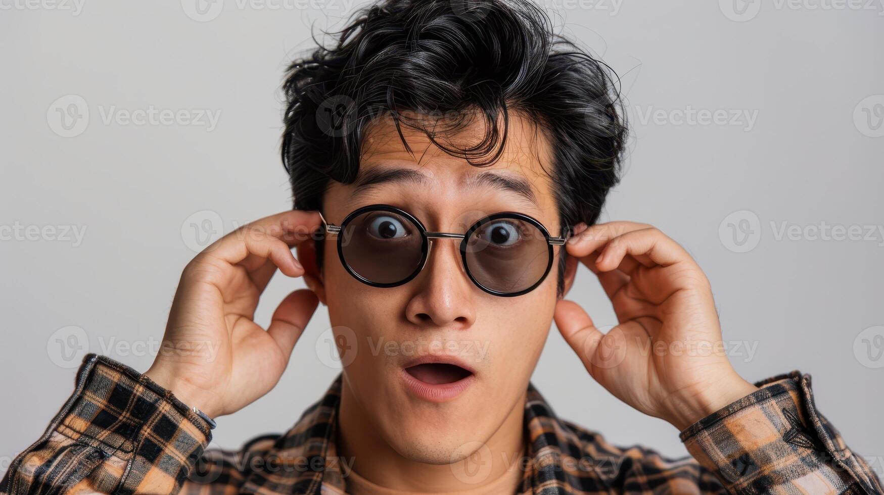 Surprised Young Man in Stylish Sunglasses Expresses Astonishment Against a Minimalist Background photo
