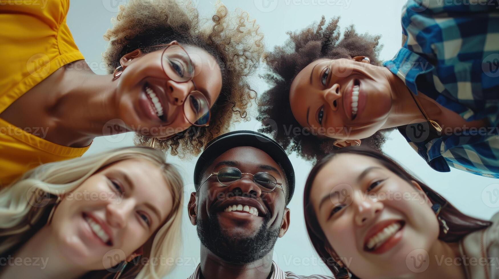 Joyful Diverse Group of Friends Smiling Together in Bright Outdoor Setting During a Sunny Afternoon photo