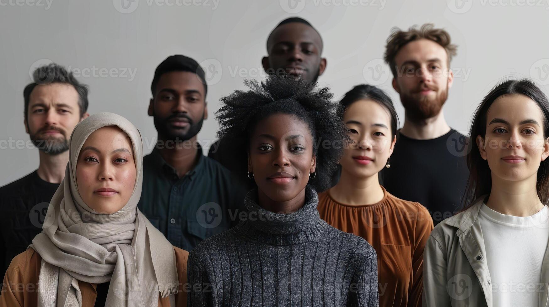 Diverse Group of Individuals Posing Together in a Neutral Studio Setting During Daylight Hours photo