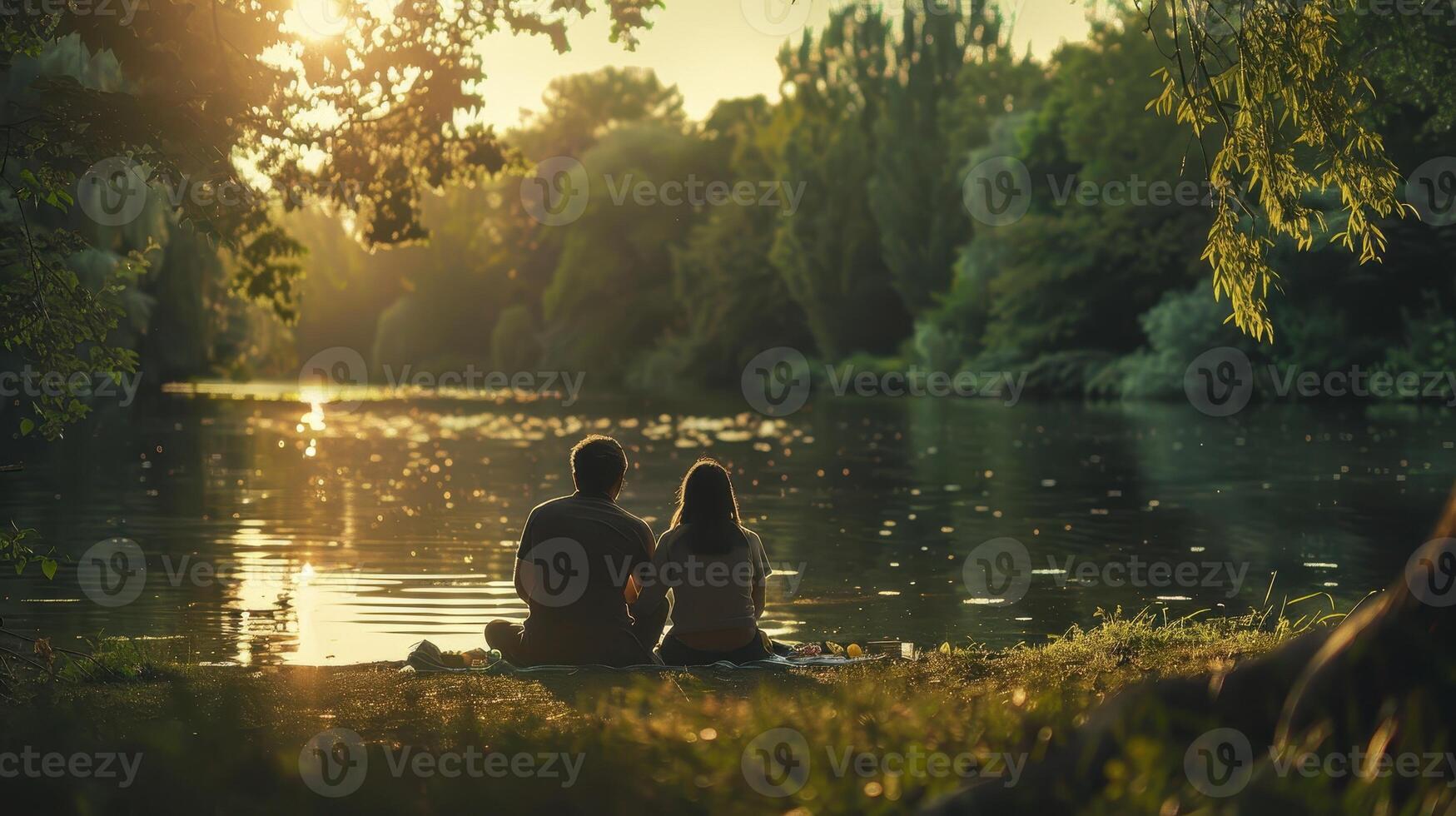 Romantic Sunset By Tranquil Lake As Two Lovers Enjoy Nature's Embrace On A Warm Summer Evening photo