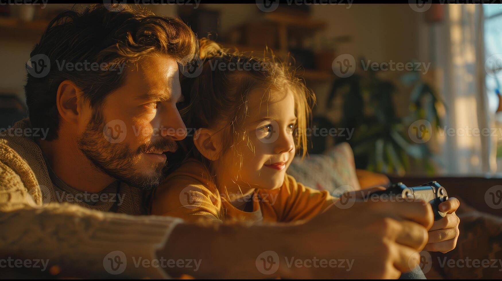 Joyful Family Bonding Moment While Playing Games at Home During Golden Hour photo