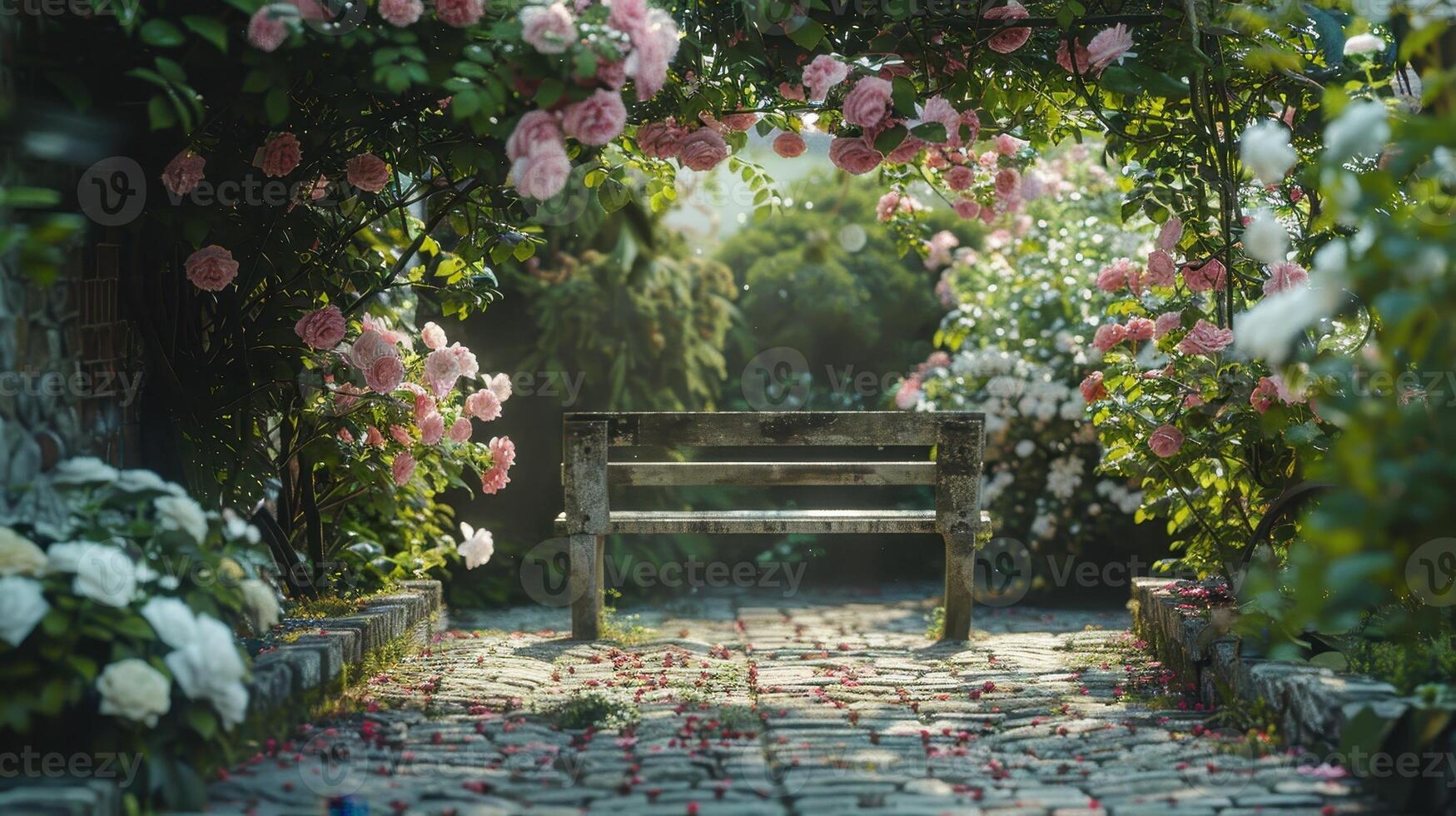 A Serene Garden Pathway Framed by Blooming Roses in Soft Morning Light photo