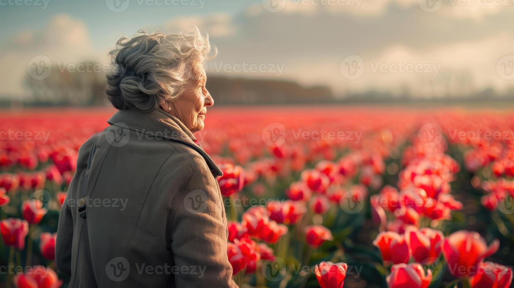 A Serene Moment in a Vibrant Tulip Field at Dusk With a Thoughtful Elderly Woman in Spring photo