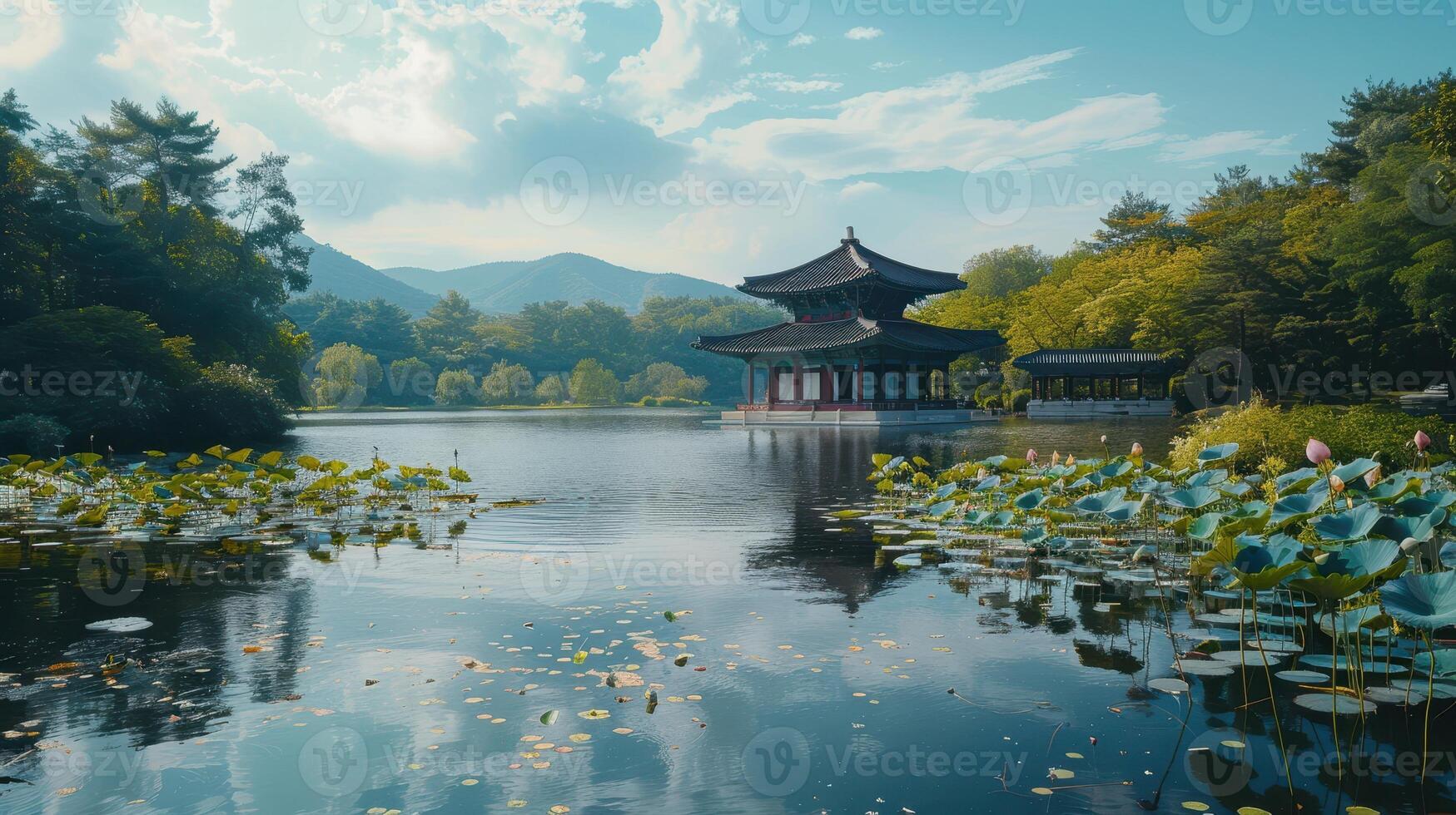 Serene Autumn Reflections on a Tranquil Lake With Traditional Pavilion Surrounded by Lush Greenery and Blooming Lotus Flowers photo