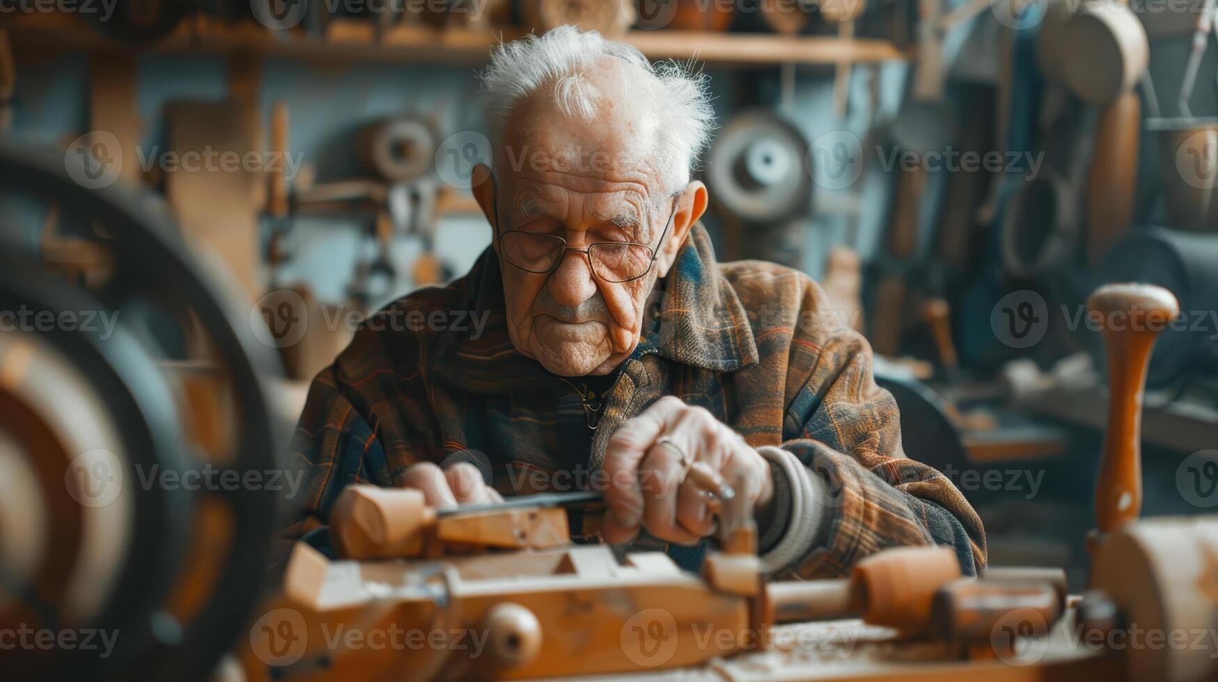 Master Craftsman in Rustic Workshop Carving Wooden Crafts at Dawn photo