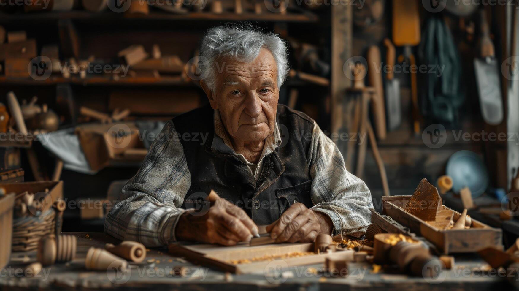 An Elderly Artisan Crafts Intricate Woodwork in a Rustic Workshop Surrounded by Timeless Tools and Natural Light photo