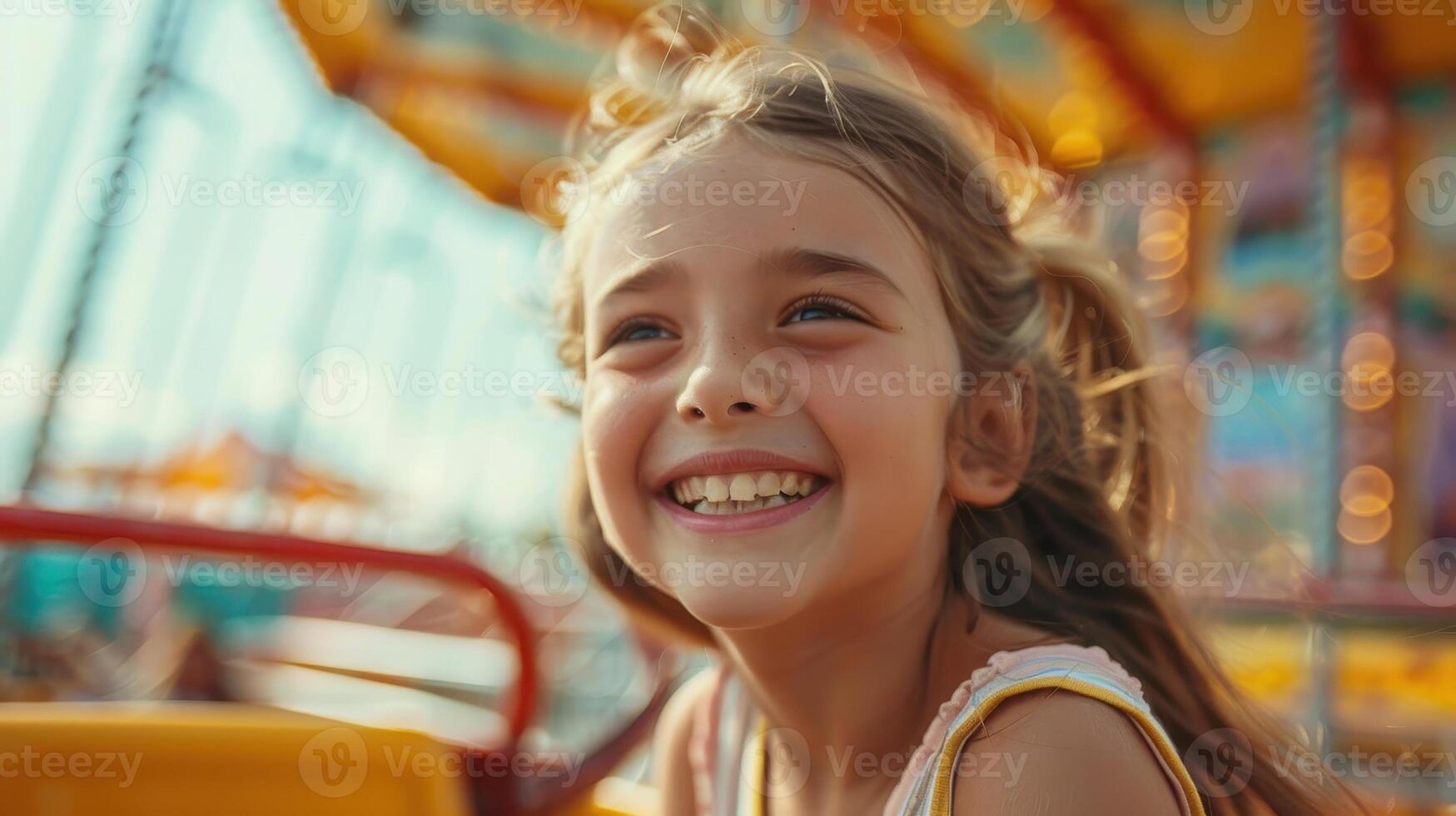 Joyful Child Enjoys a Colorful Carousel Ride at a Summer Fairground Adventure photo