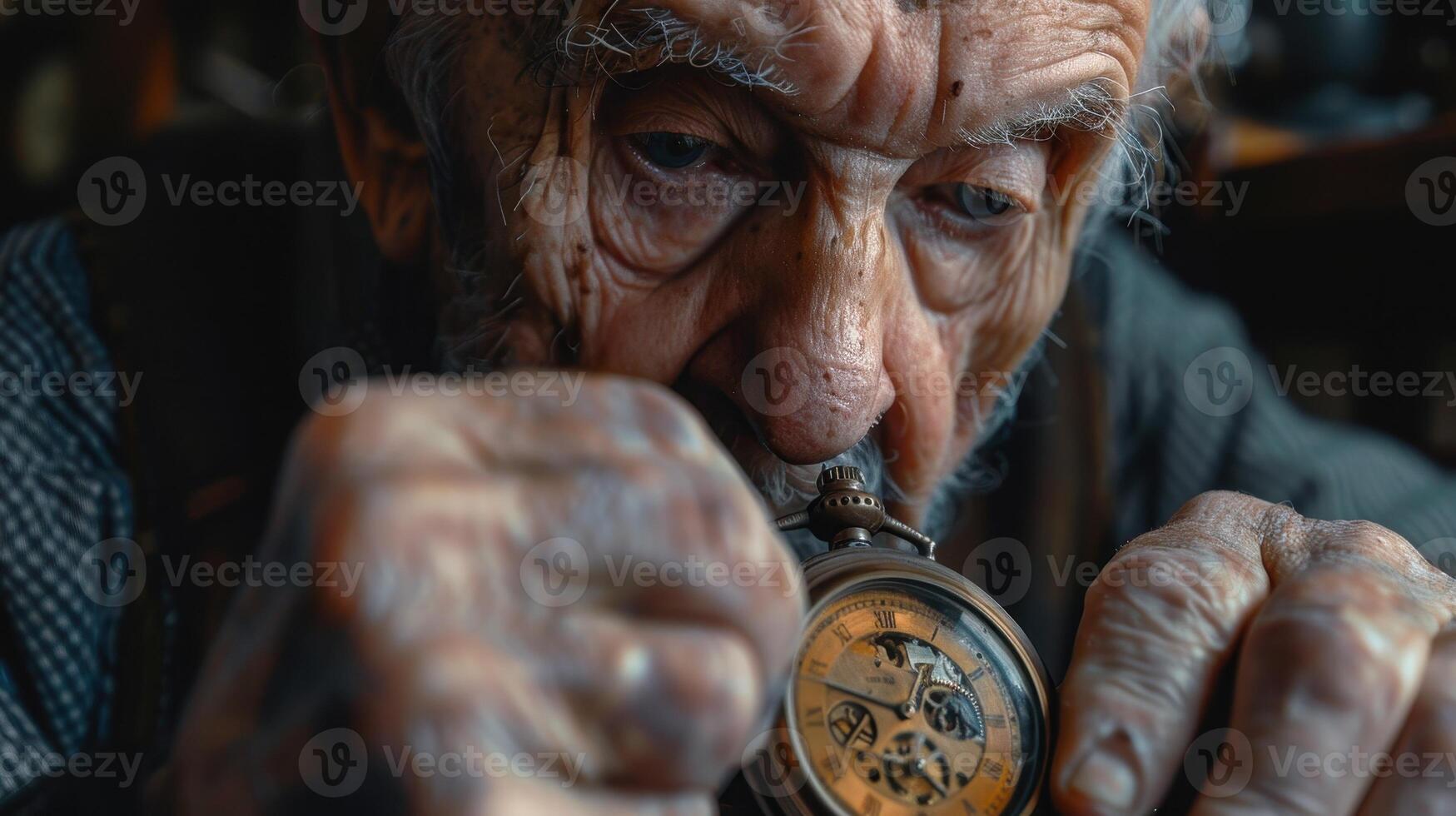 Intricate Craftsmanship on Display as an Elderly Artisan Repairs a Vintage Pocket Watch in His Rustic Workshop photo