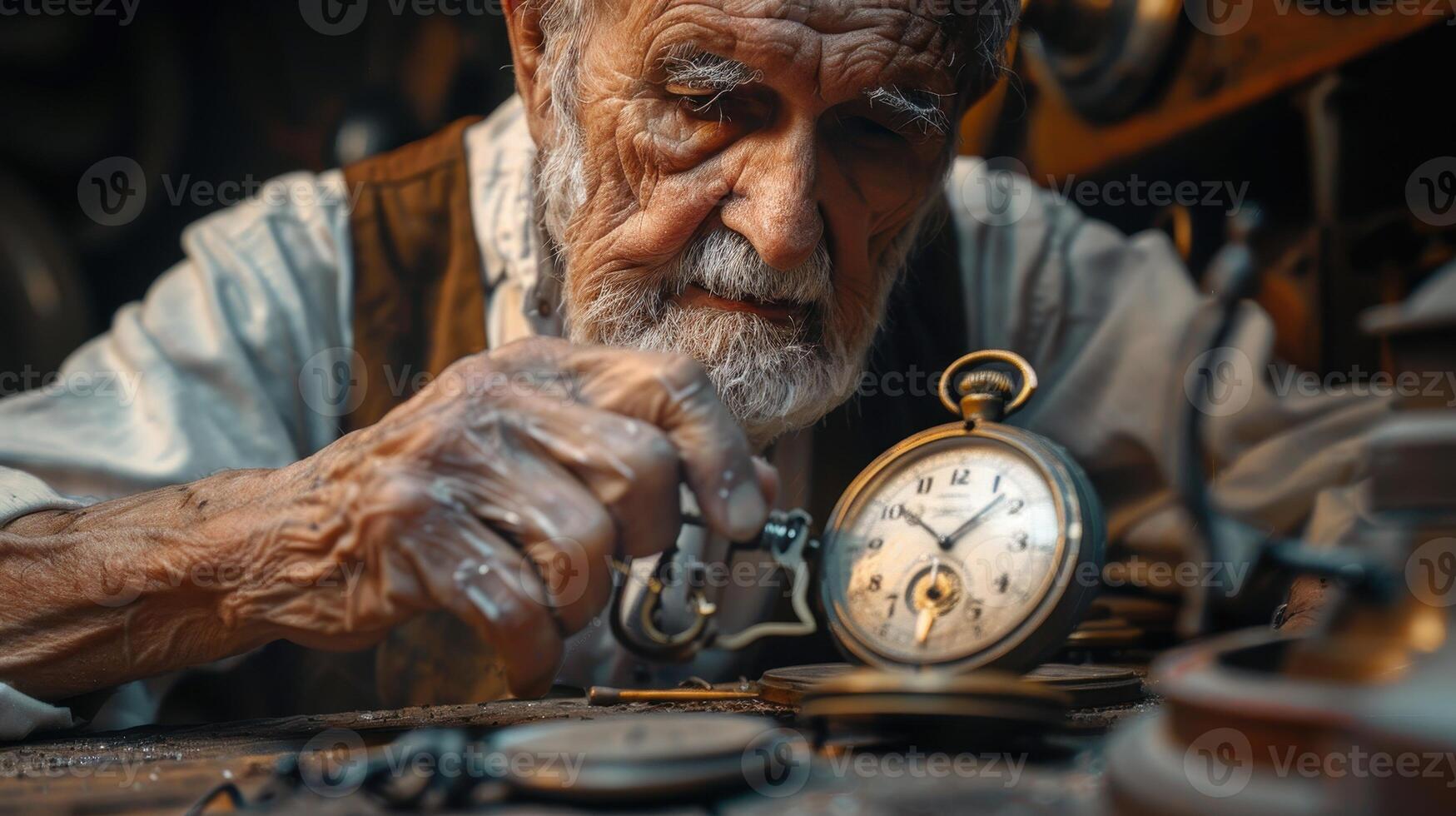 Master Clockmaker Restores Vintage Timepieces in Cozy Workshop at Dusk photo