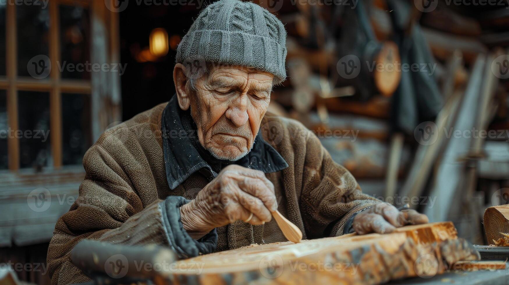 Elderly Artisan Skillfully Carving Wood by Hand in a Rustic Workshop at Dusk photo