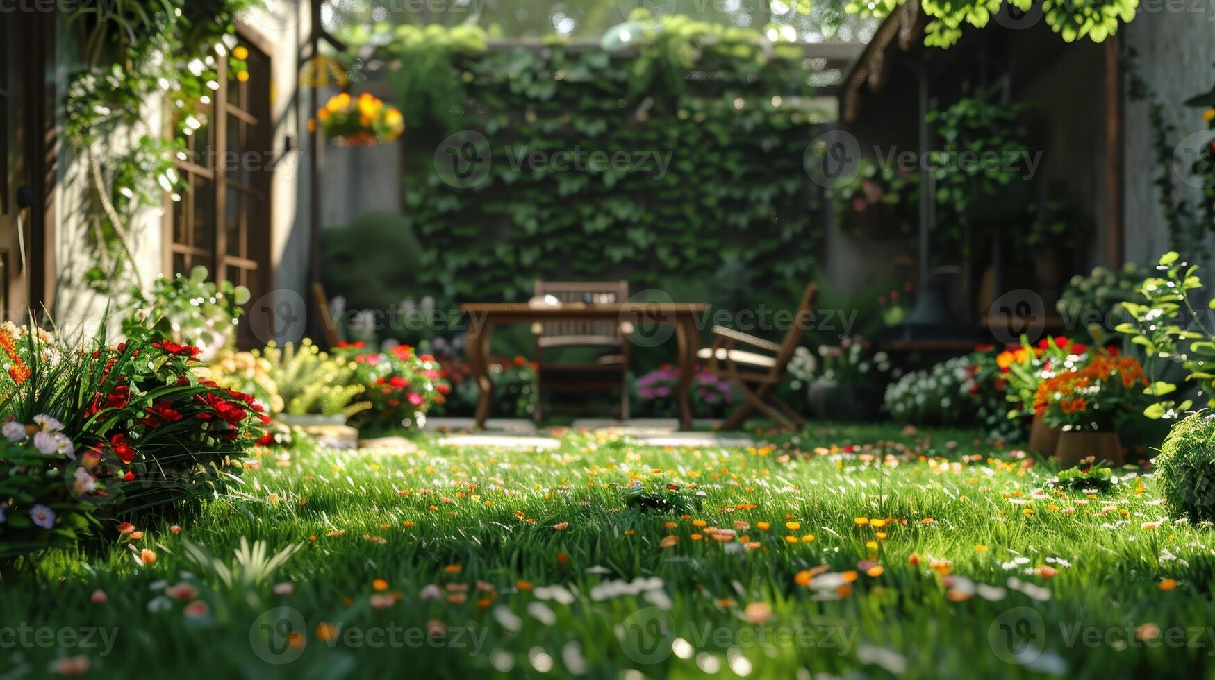 A Serene Garden Oasis Bathed in Soft Morning Light With Vibrant Flowers and a Cozy Seating Area photo