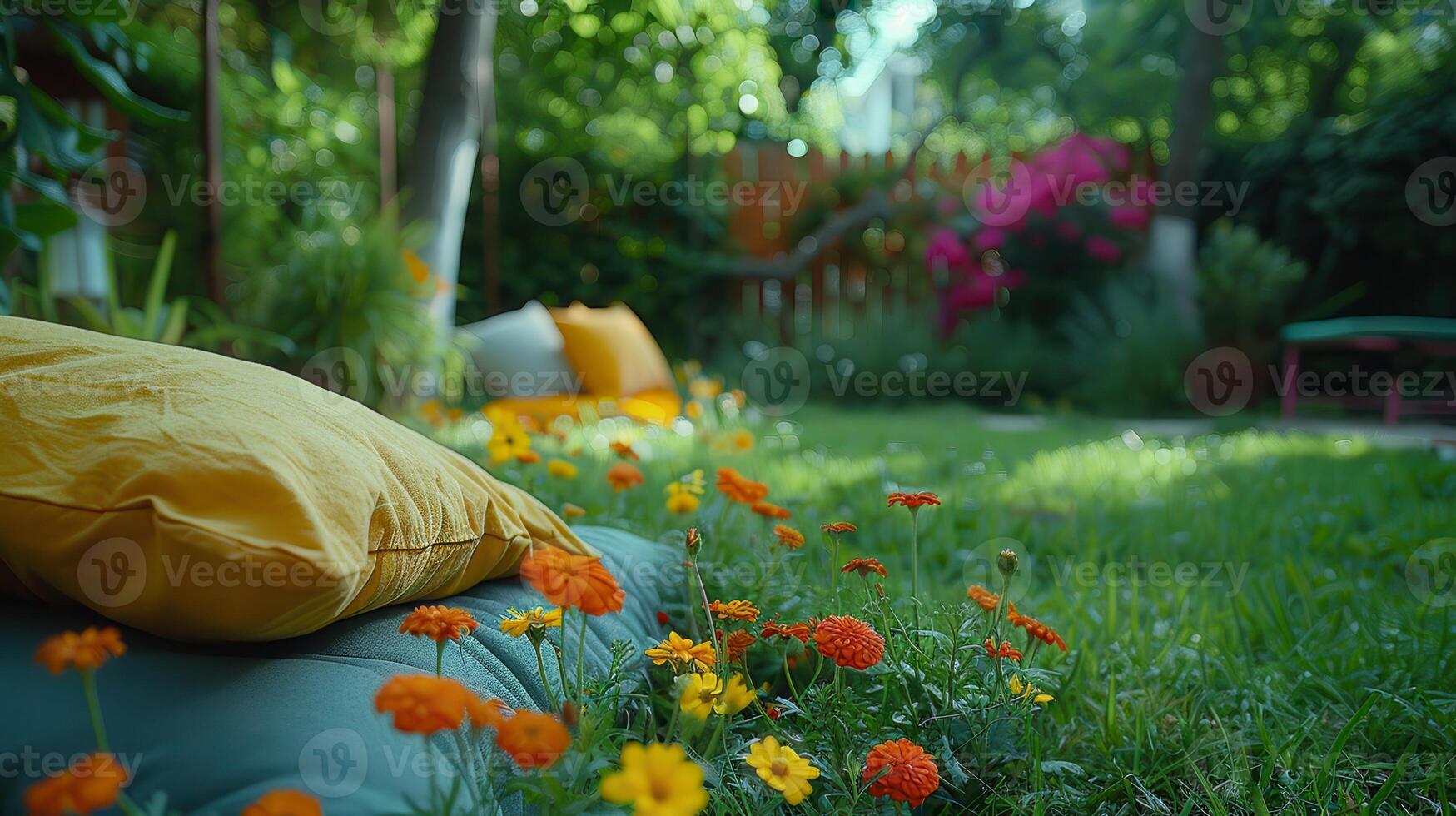 Vibrant Garden Oasis With Colorful Flowers and Cozy Cushions Under the Afternoon Sun photo