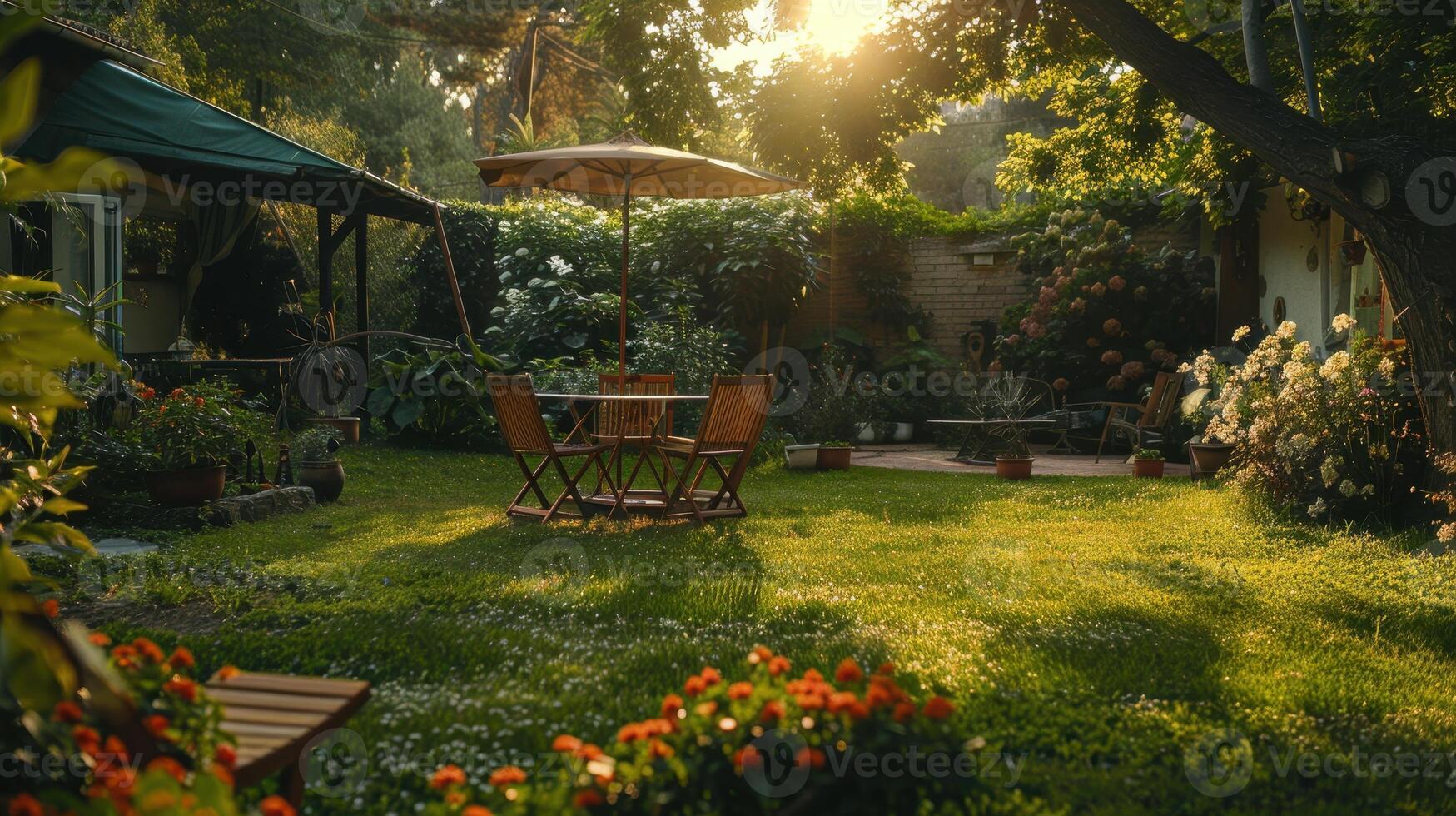 A Serene Garden Retreat at Dusk With Blooming Flowers and Cozy Seating photo