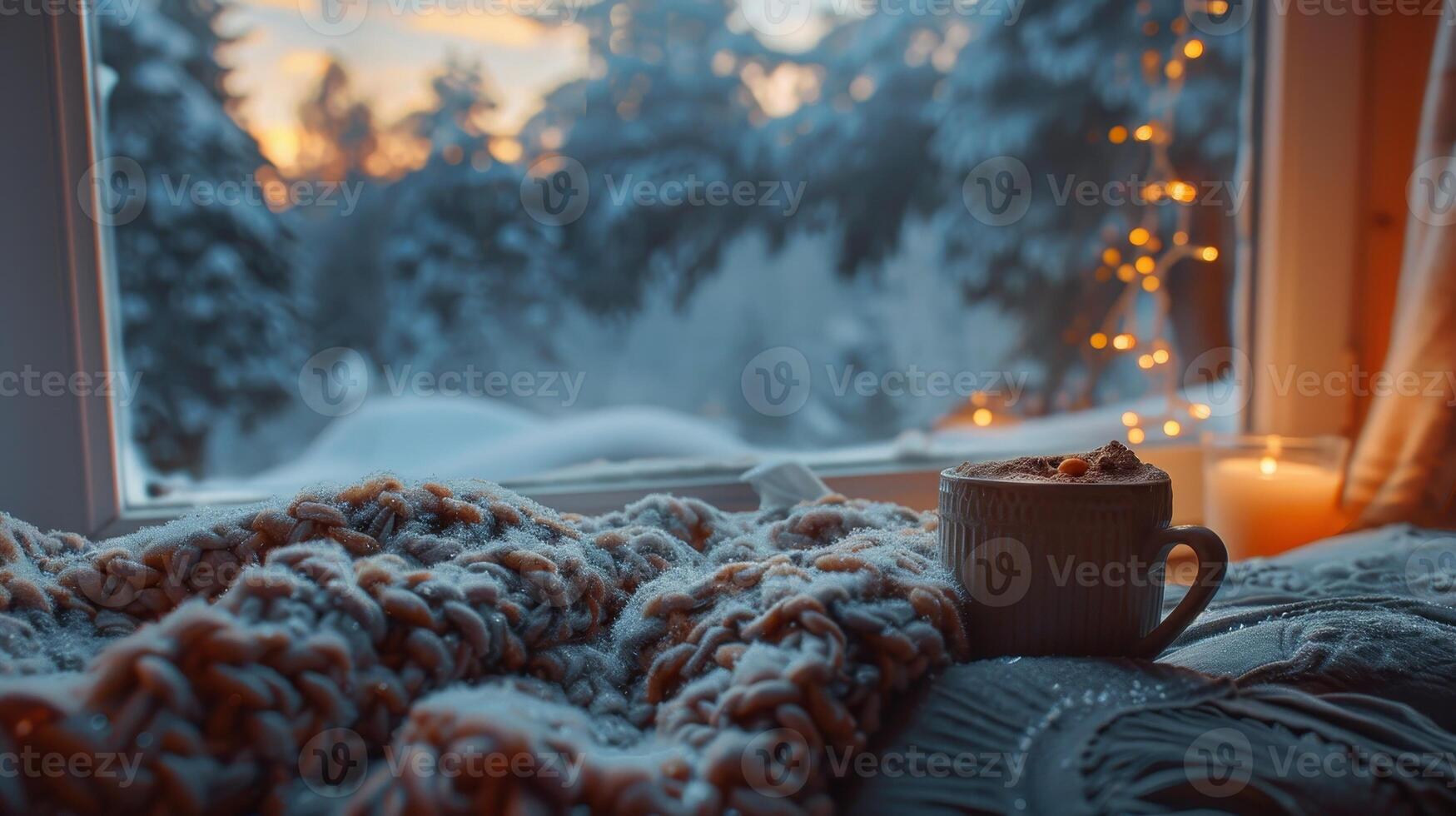 Cozy Winter Evening With Hot Cocoa and a Warm Blanket by the Frosted Window photo