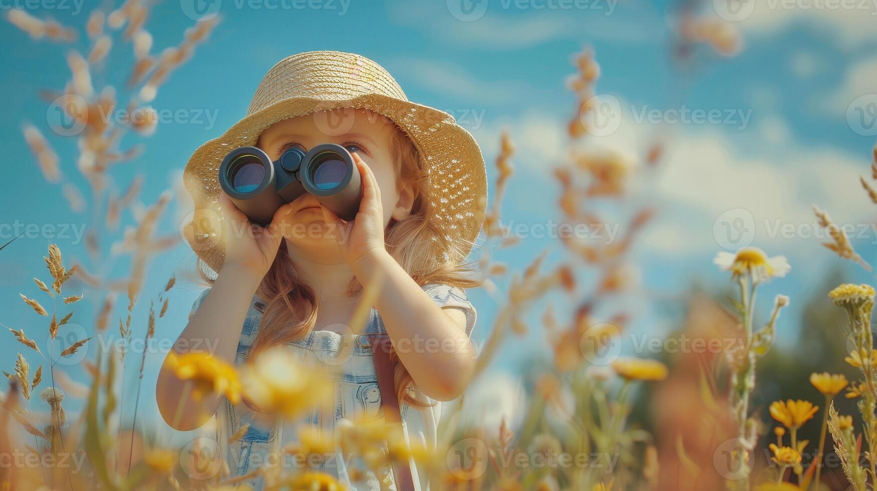 Curious Child Wearing a Sun Hat Exploring Wildflowers Through Binoculars on a Sunny Day photo