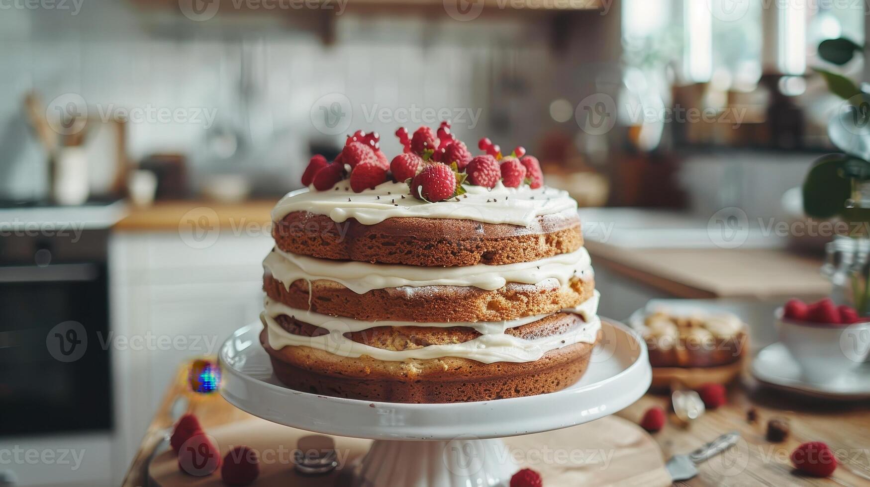 Deliciously Layered Raspberry Cake Decorated With Fresh Berries in a Cozy Kitchen Setting photo