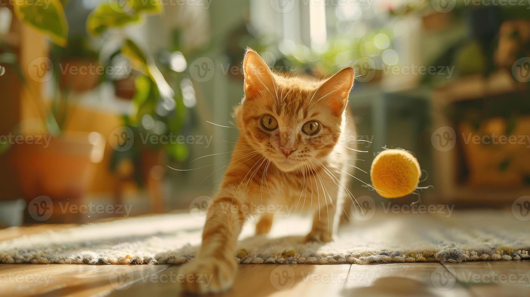 Playful Ginger Cat Pounces on Bright Yellow Ball in Sunlit Room Filled With Plants photo