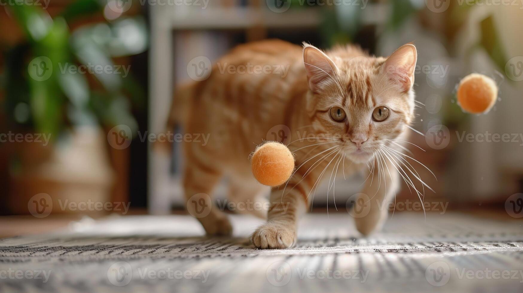A Playful Ginger Cat Chasing Colorful Balls in a Cozy Indoor Living Space Early in the Day photo