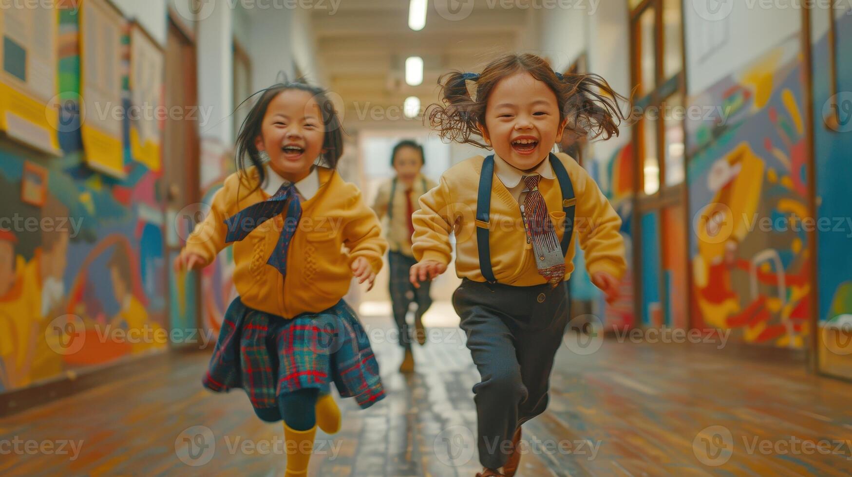 Joyful Children Running Through a Vibrant School Hallway on a Bright Sunny Day photo