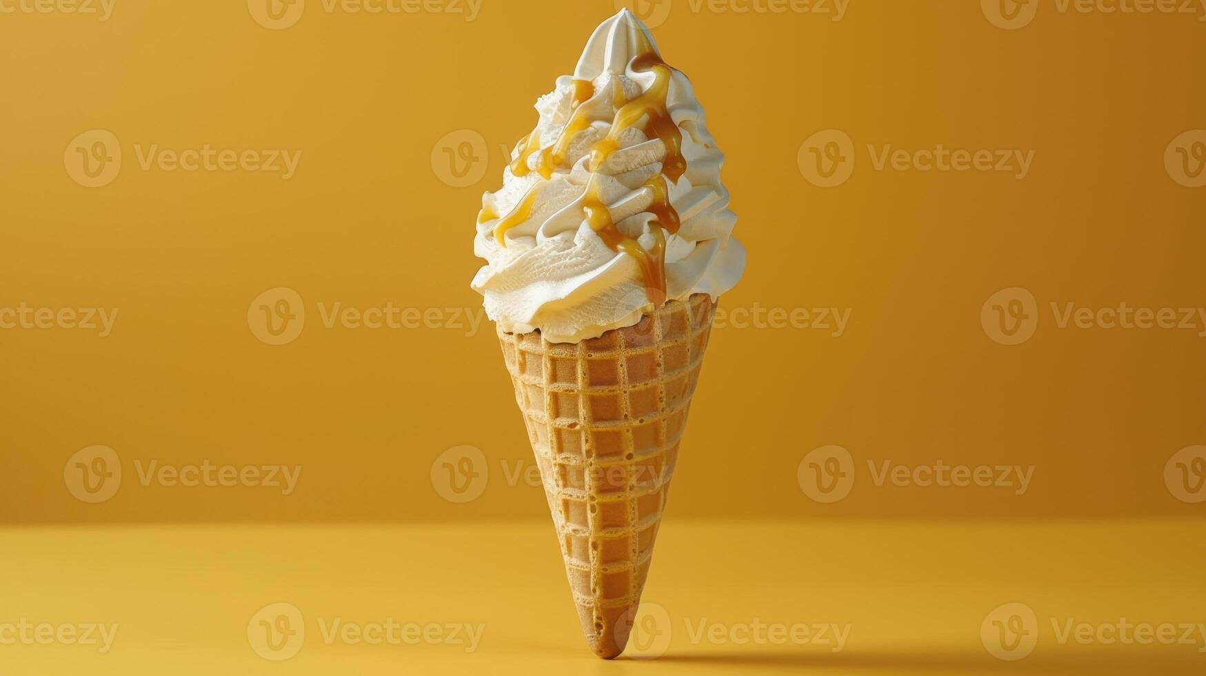 Delightful Swirls of Soft-Serve Ice Cream With Caramel Drizzle Against a Vibrant Yellow Backdrop photo