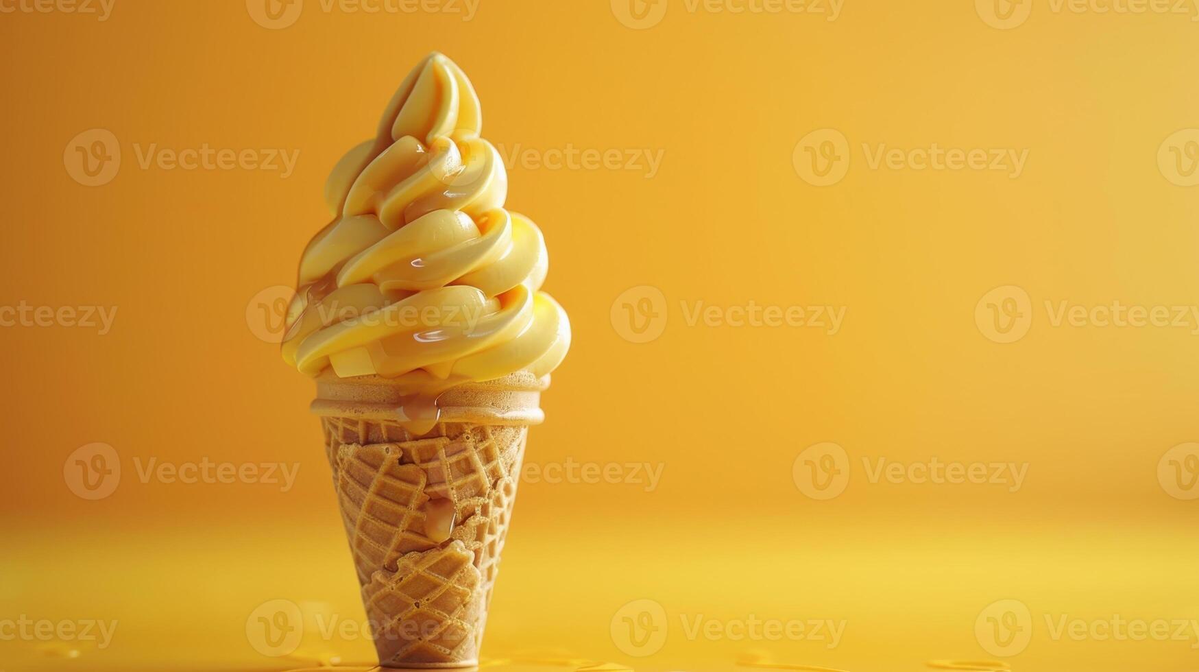 Enchanting Soft Serve Ice Cream Cone Against a Vibrant Yellow Backdrop on a Sunny Day photo