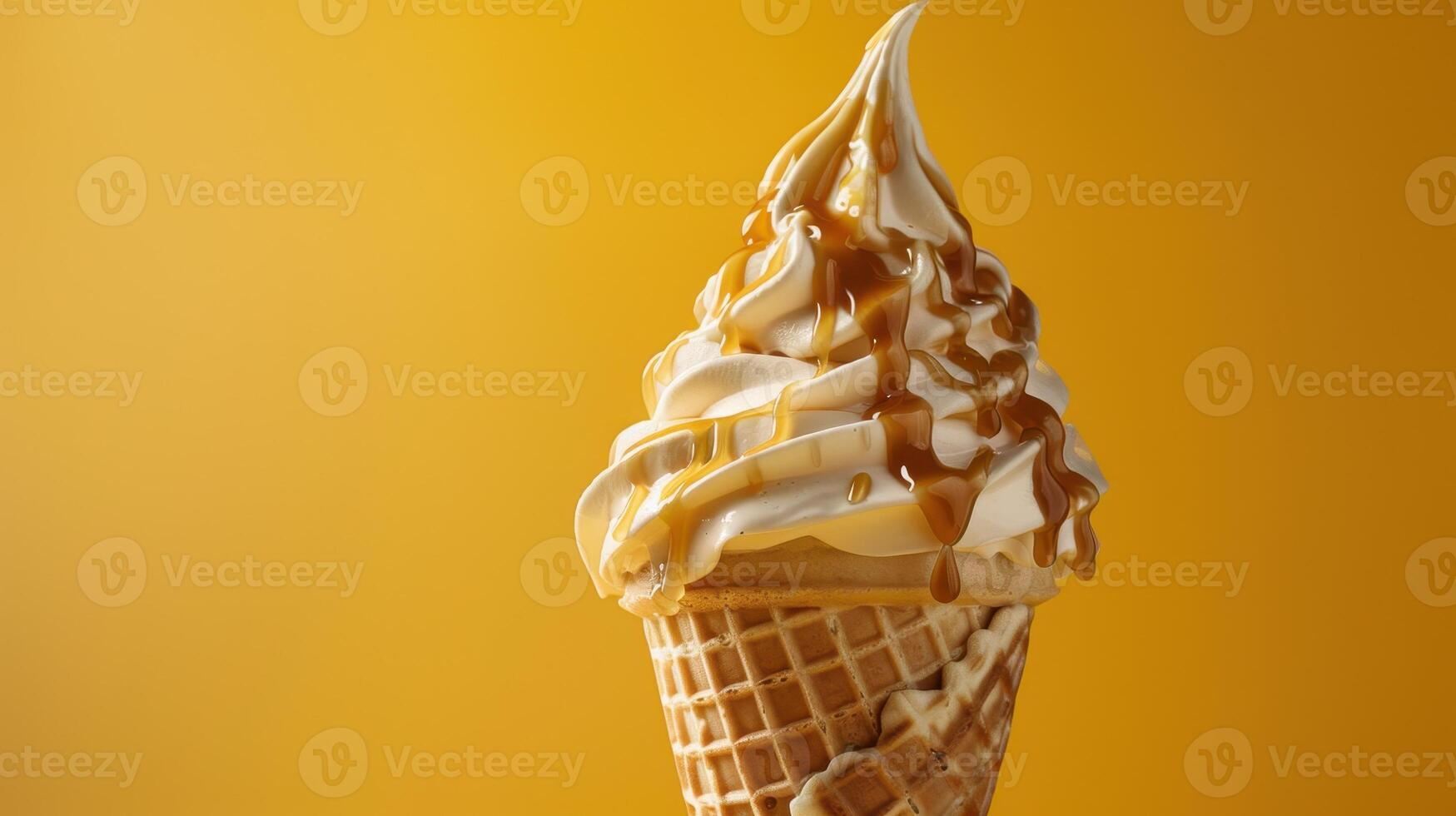 Delicious Swirls of Soft Serve Ice Cream With Golden Caramel Drizzling on a Waffle Cone in a Bright Summer Setting photo