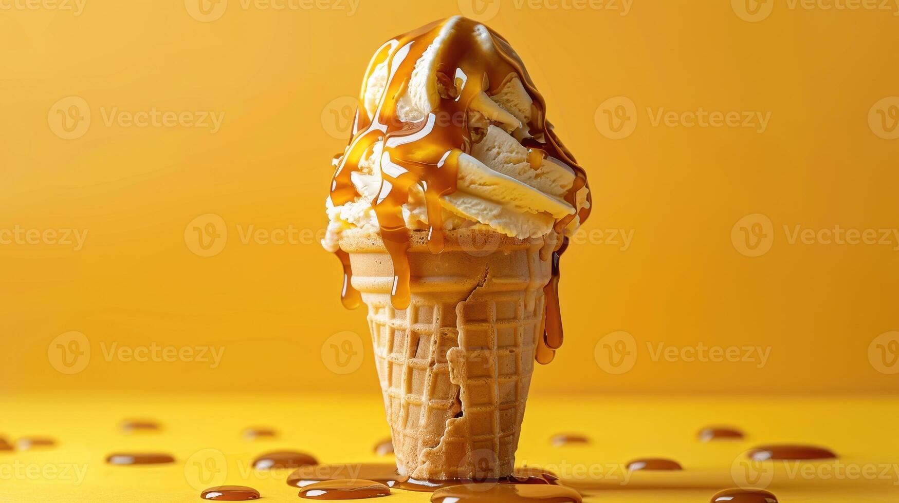 Delightful Golden Ice Cream Cone Dripping With Caramel Sauce on Vibrant Yellow Background photo