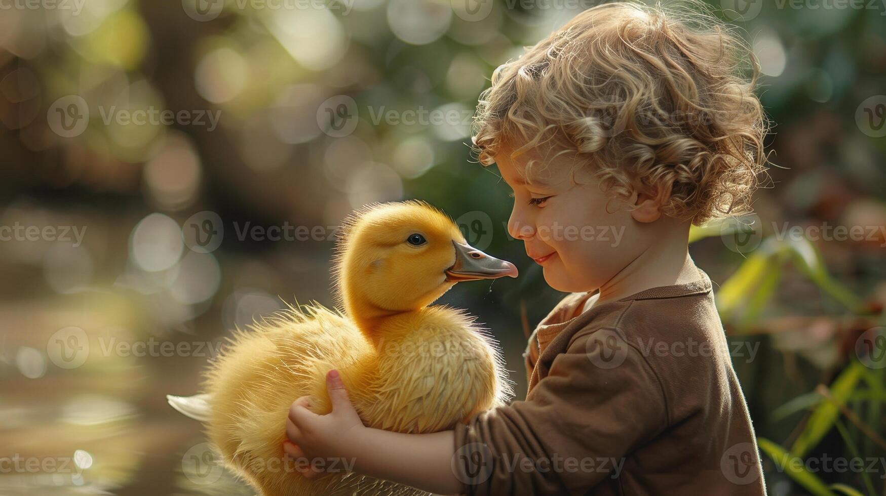 Little Child Cherishing a Yellow Duckling by a Serene Lakeside in Soft Afternoon Light photo