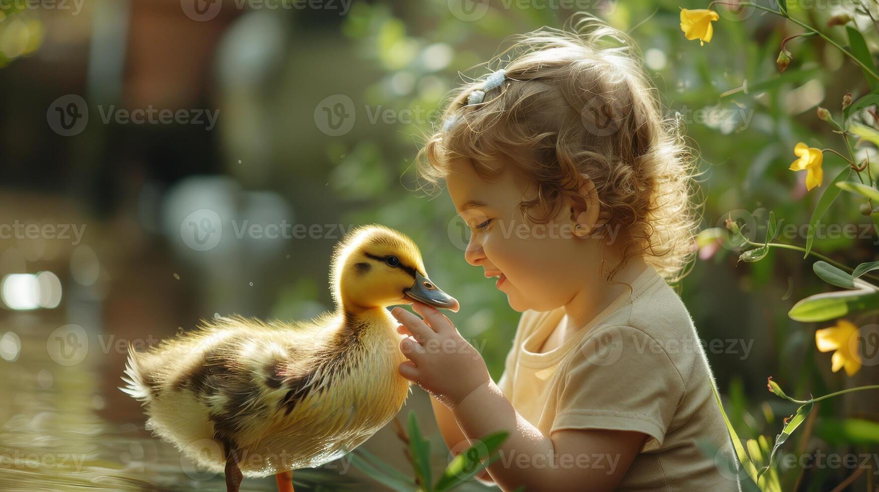 Delightful Interaction Between a Curious Child and a Playful Duckling in a Tranquil Garden During a Sunny Afternoon photo