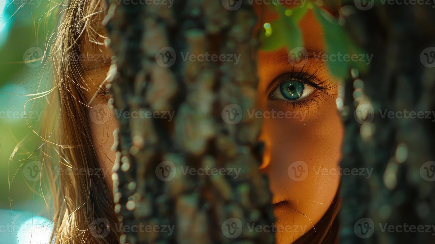 A Curious Child Peeking Through a Tree, Bathed in Warm Afternoon Light in a Forest photo