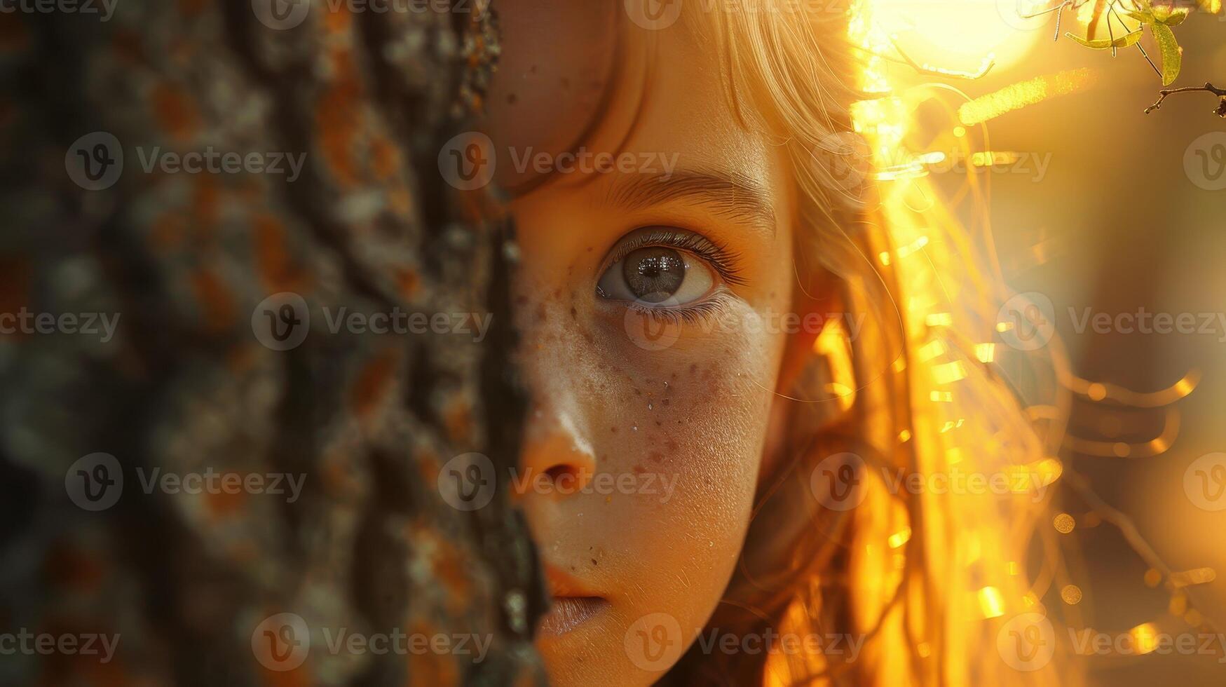 Enchanted Afternoon Light Dances Through Leaves as a Curious Child Peeks From Behind a Tree Trunk photo