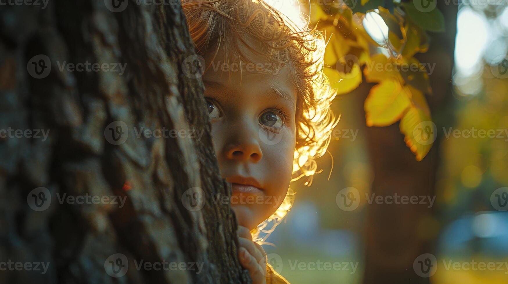 A Curious Child Peering Around a Tree Trunk While Bathed in Golden Sunset Light photo