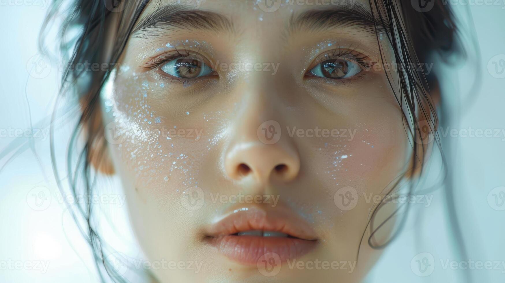 A Serene Close-Up Portrait of a Young Woman With Glowing Skin in a Soft Light Setting photo