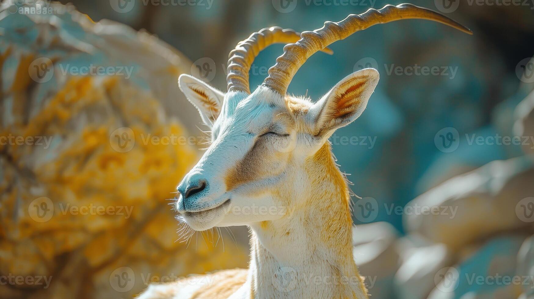 Joyful Mountain Goat Standing Amidst Colorful Rocks Under Bright Sunlight in a Serene Natural Landscape photo