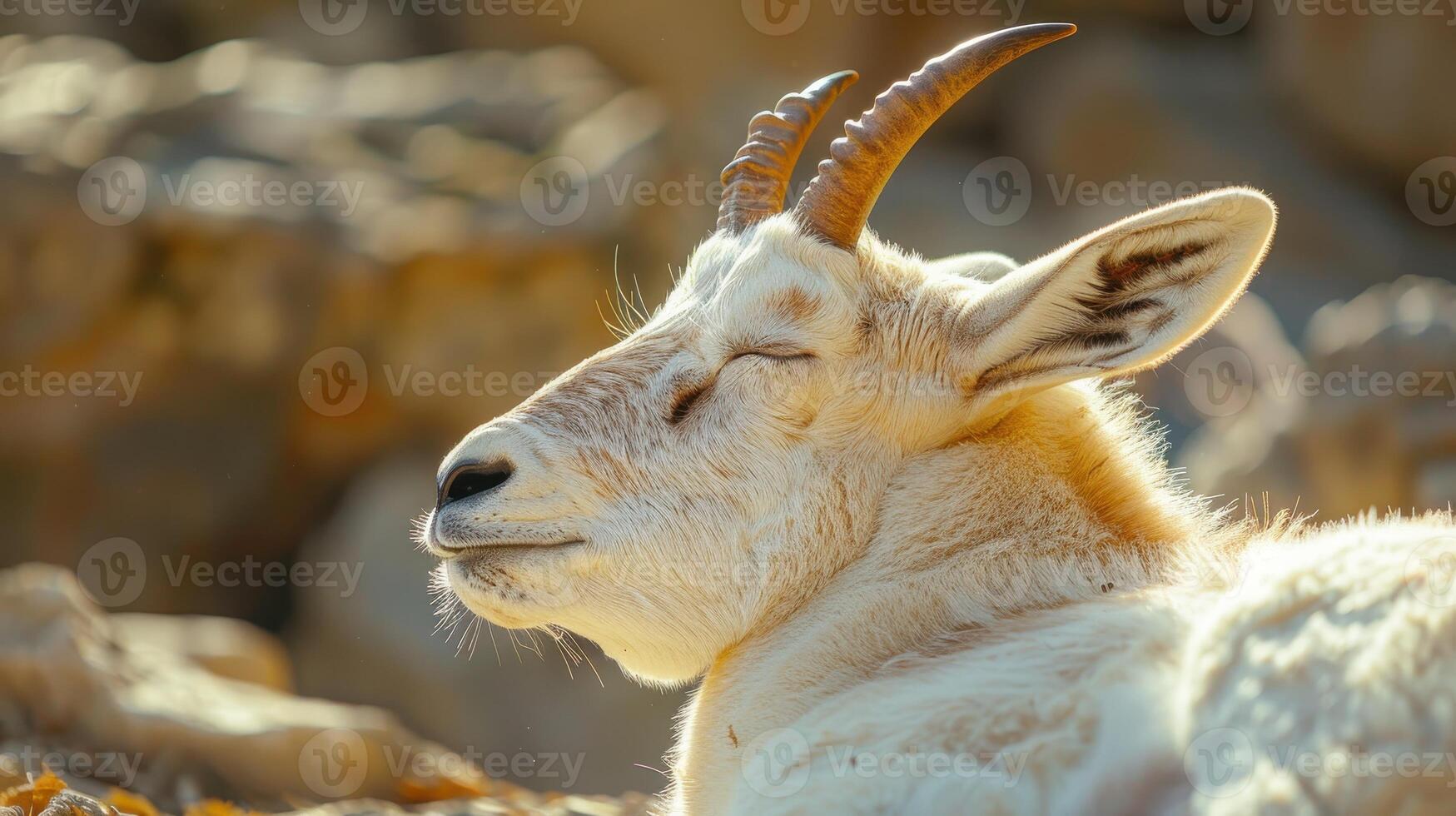 Elegant Mountain Goat Resting Peacefully on Rocky Terrain During Warm Afternoon Sunlight photo
