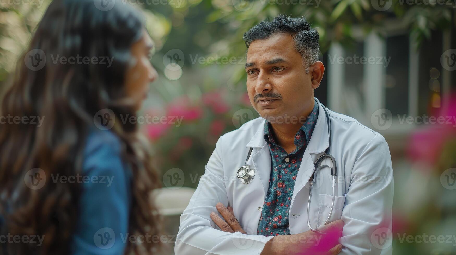 Compassionate Doctor Discusses Patient's Condition in Blossoming Garden During Afternoon photo