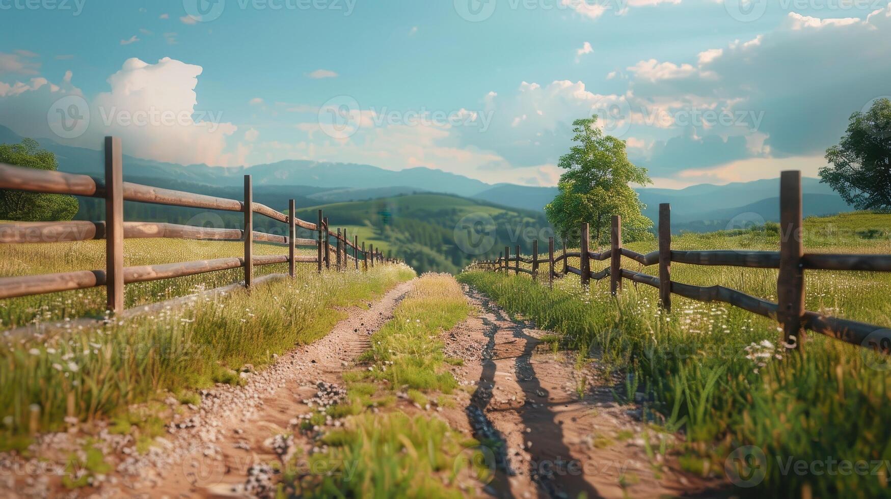 Breathtaking Summer Morning Journey Along a Serene Mountain Trail With Lush Greenery and Blue Skies photo