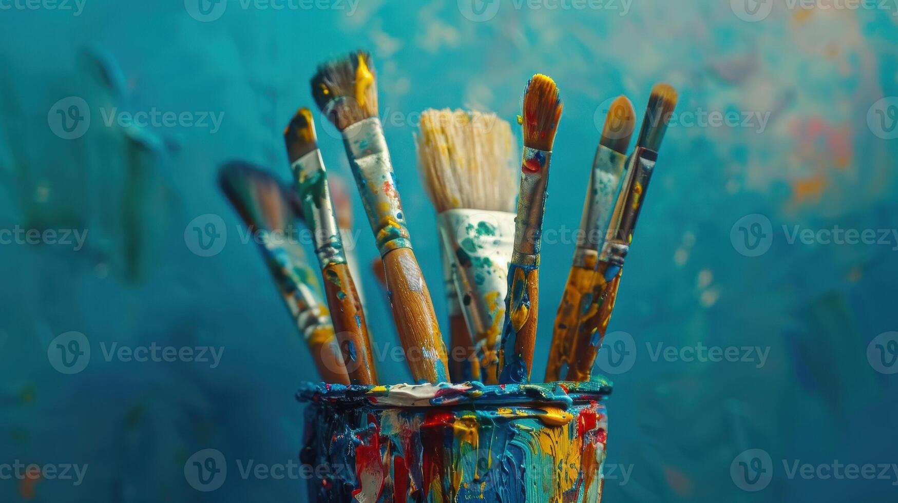 Vibrant Collection of Paintbrushes Displayed in A Colorful Holder Surrounded by Artistic Background photo