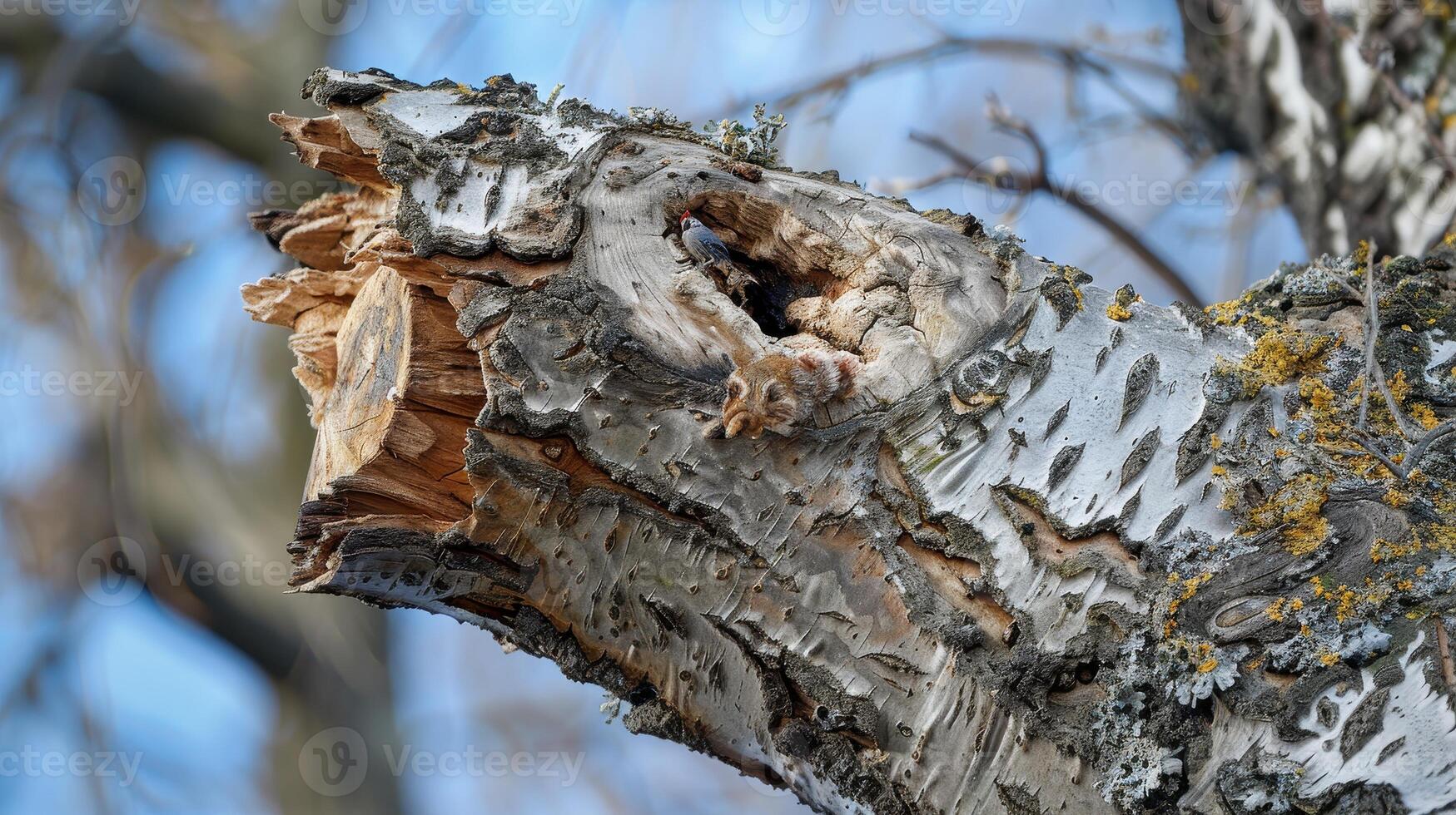 A Curious Squirrel Peeks Out From Its Nest in the Old Oak Tree During a Bright Spring Morning photo